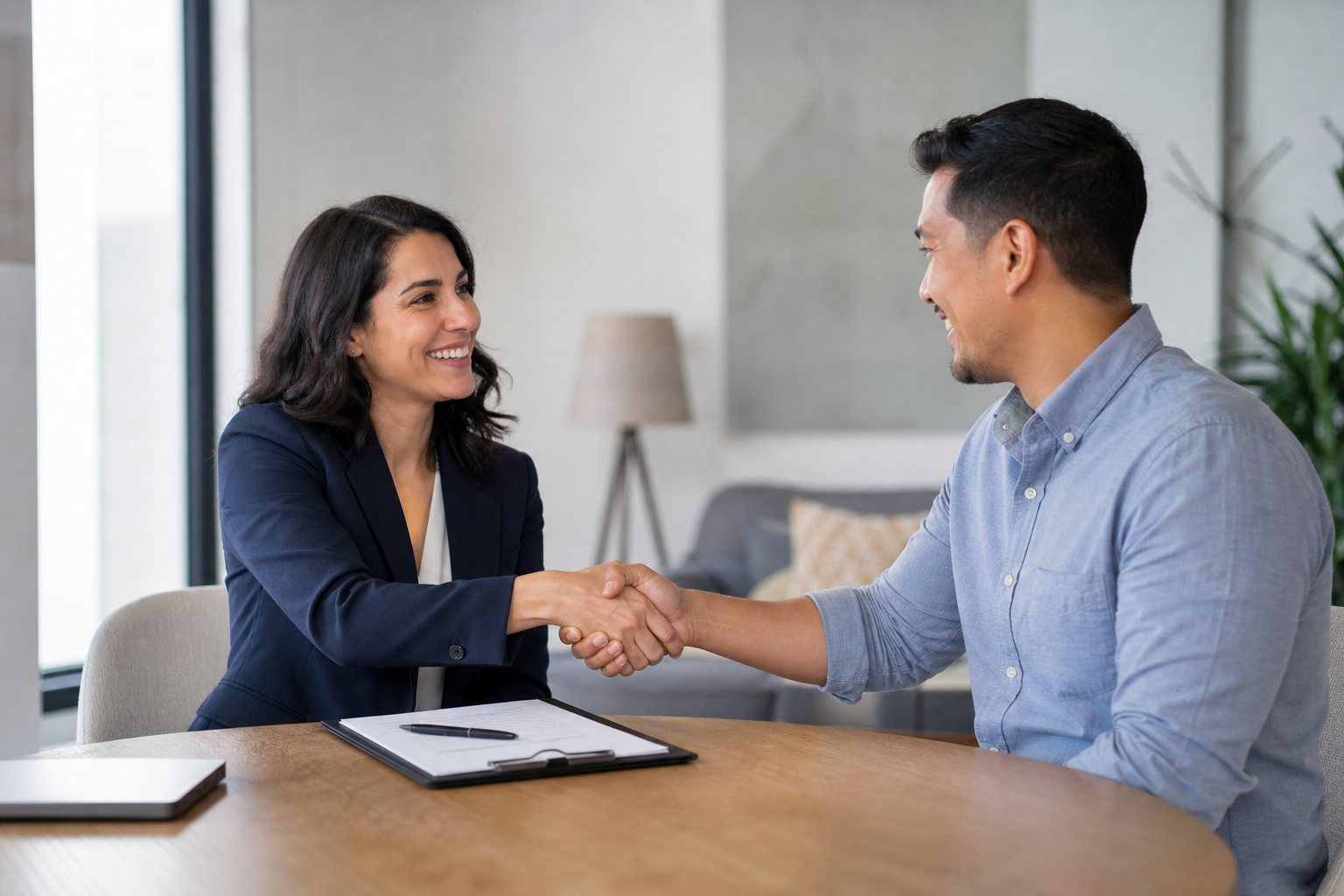 Real Estate Agent Shakes Hands with Customer After Signing Contract