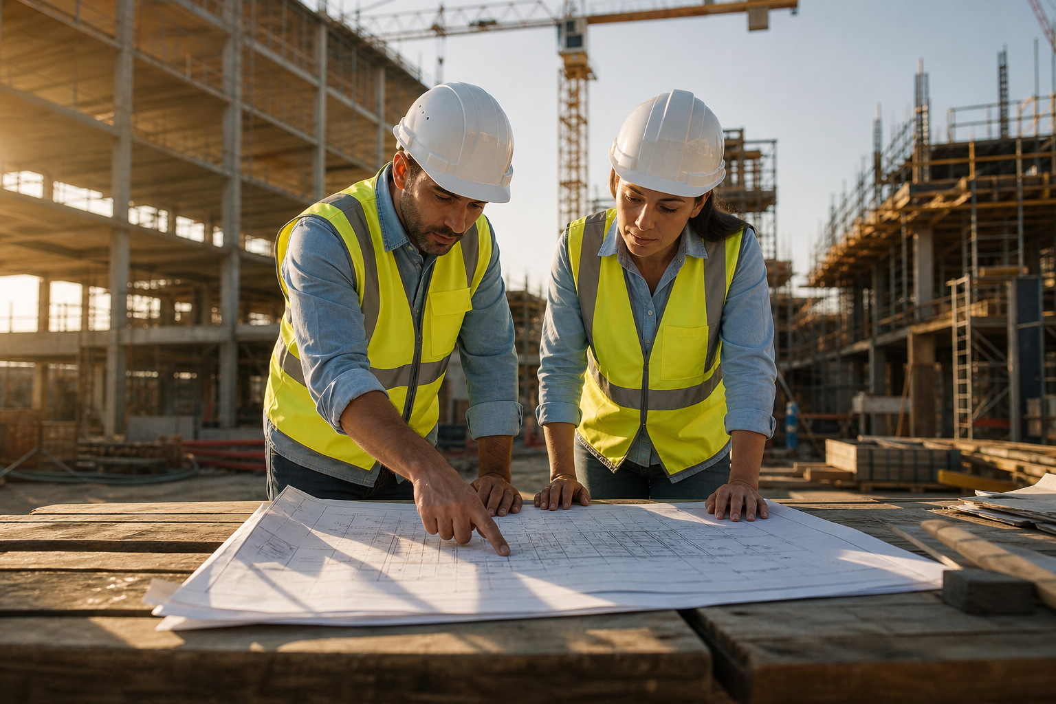 Two People in Safety Vests Reviewing Architecture Plans